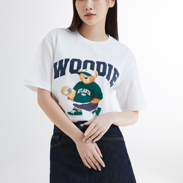 韓國 Spao 最新款滑板 Woody  熊熊 100%純棉 白色短袖T-shirt