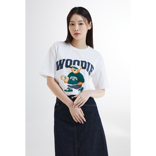 韓國 Spao 最新款滑板 Woody  熊熊 100%純棉 白色短袖T-shirt