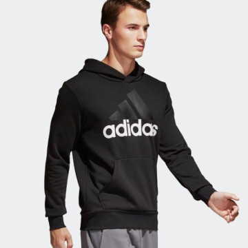 日本 adidas ESSENTIALS 大三線條LOGO素色連帽T-黑色